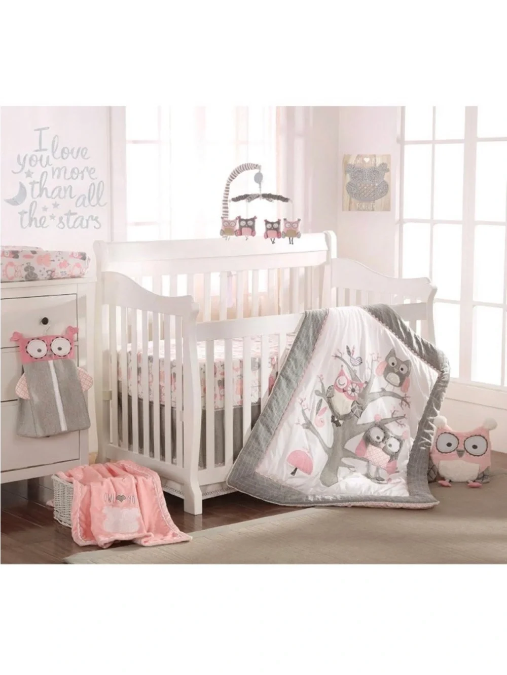 Levtex Gray and Pink Owl Tree Baby Quilt